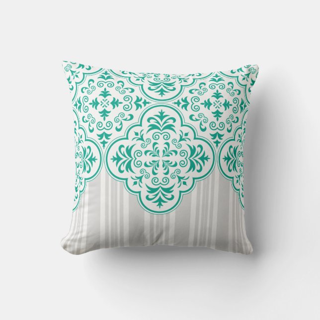 Emerald Green Classy Stripes Damask Cushion (Front)