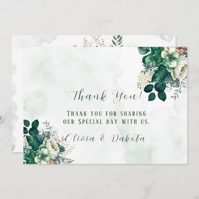 Emerald Green Cream Florals Thank You Cards (Front/Back)