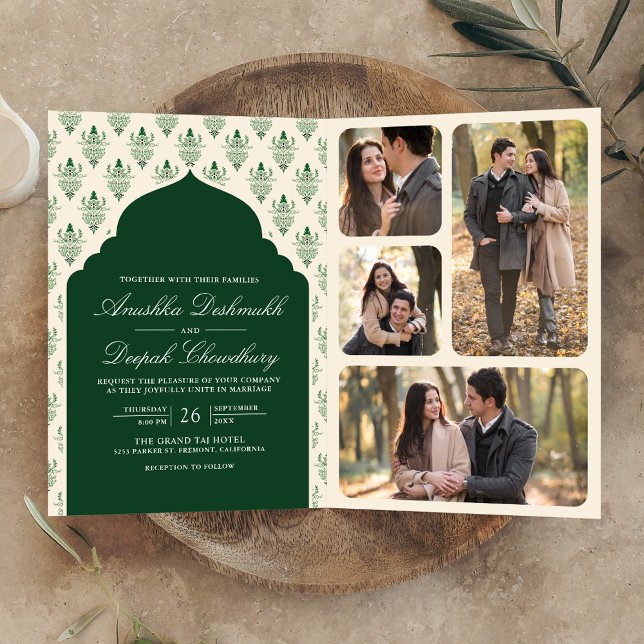 Emerald Green Cream Ikat All in One Indian Wedding Invitation (Creator Uploaded)