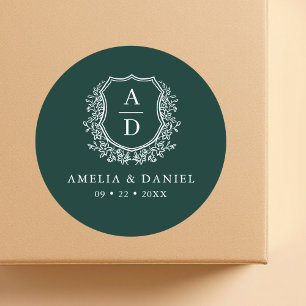 Emerald Green Crest Modern Monogram Wedding  Classic Round Sticker