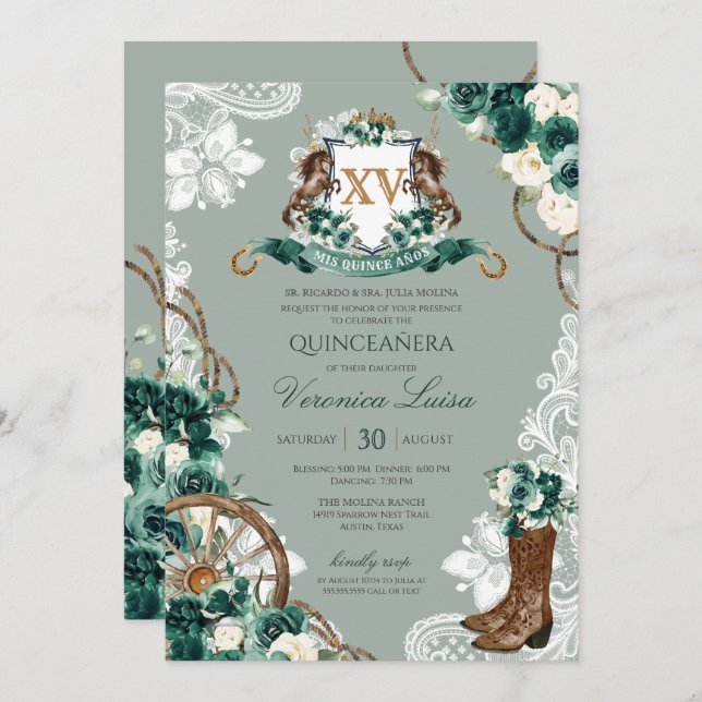 Emerald Green Crest Western Charro Quinceanera Invitation (Front/Back)