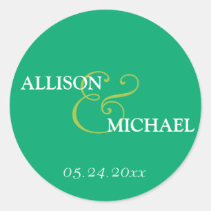Emerald green custom ampersand wedding favour labe classic round sticker