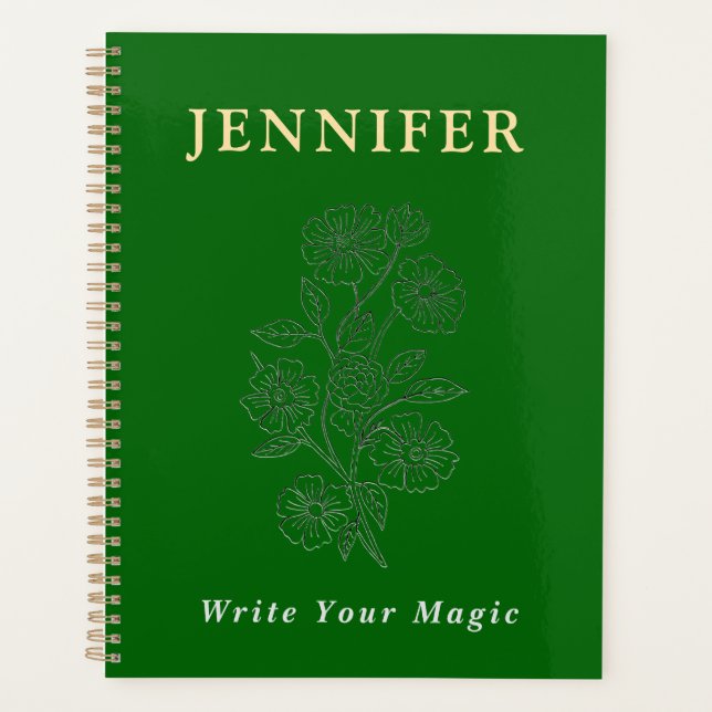 Emerald Green Custom Name Notebook – Fresh & Elega Planner (Front)