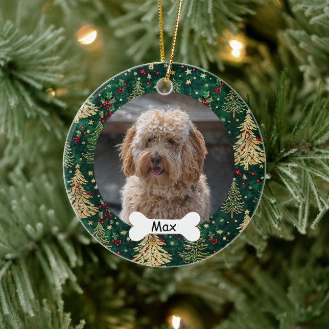 Emerald Green Custom Pet Puppy Dog Photo Ceramic Ornament (Tree)