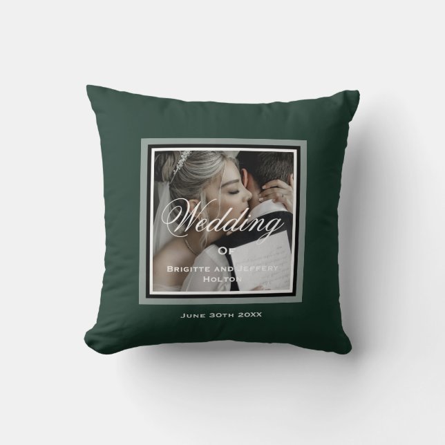 Emerald green customisable wedding couple photo cushion (Front)