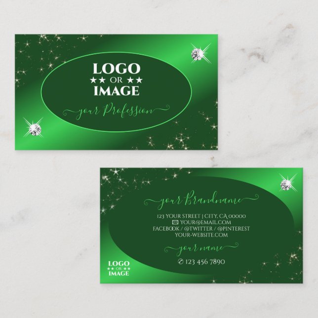 Emerald Green Cute Glitter Stars Diamonds Add Logo Business Card (Front/Back)