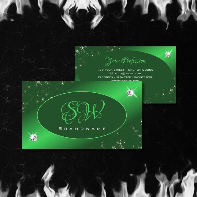 Emerald Green Cute Glitter Stars Diamonds Monogram Business Card (Creator Uploaded)