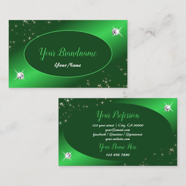 Emerald Green Cute Glitter Stars Diamonds Stylish Business Card (Front/Back)