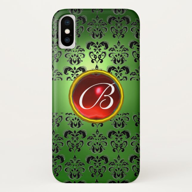 EMERALD GREEN DAMASK RED GEM MONOGRAM Case-Mate iPhone CASE (Back)