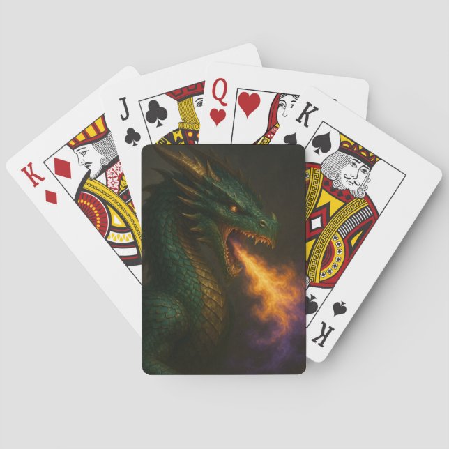 Emerald Green Dragon Breathing Fire Playing Cards (Back)