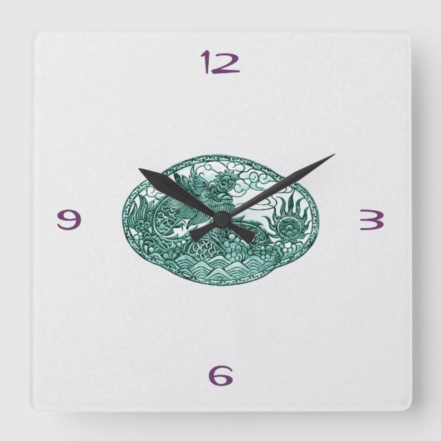 Emerald Green Dragon Medallion Square Wall Clock (Front)