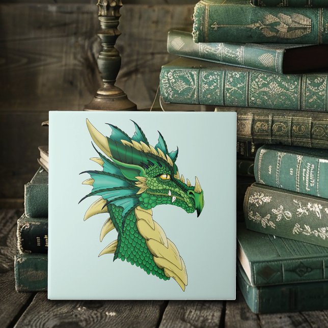 Emerald Green Dragon Portrait Head Fantasy Ceramic Tile (Creator Uploaded)