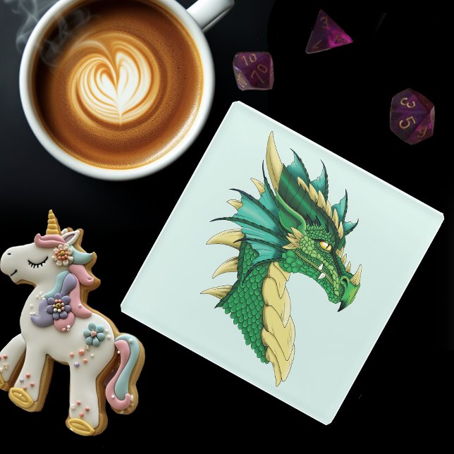 Emerald Green Dragon Portrait Head Fantasy Glass Coaster (Creator Uploaded)