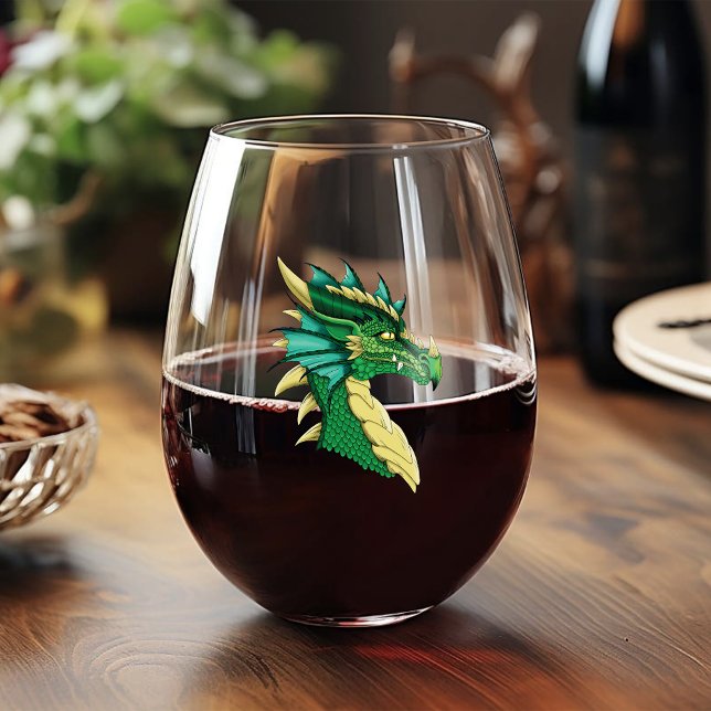 Emerald Green Dragon Portrait Head Fantasy Stemless Wine Glass (Creator Uploaded)