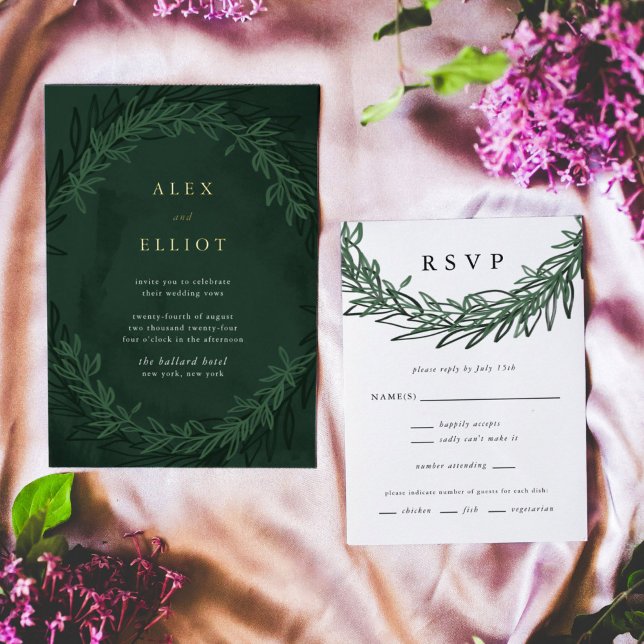 Emerald Green Dramatic Wedding Vertical RSVP Cards (Emerald green botanical wedding invitation RSVP card.)