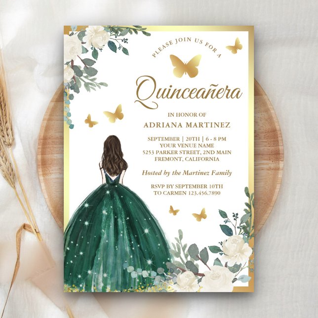 Emerald Green Dress Butterfly Gold Quinceanera Invitation (Creator Uploaded)