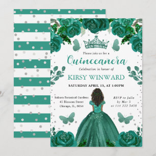 Emerald Green Dress Dark Skin Princess Quinceanera Invitation