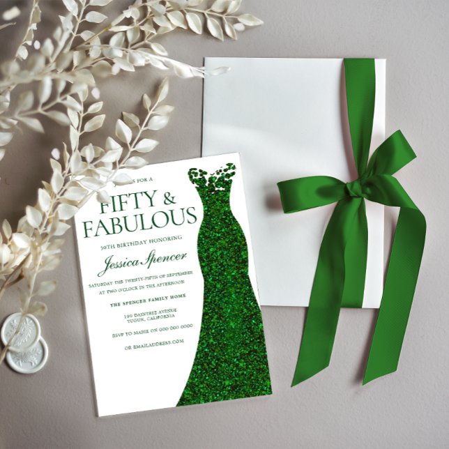 Emerald Green Dress Fifty & Fabulous 50th Birthday Invitation (Creator Uploaded)