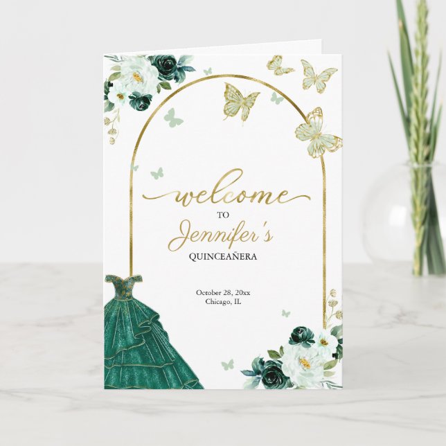 Emerald Green Dress Floral Quinceanera Programs (Front)