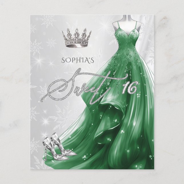 Emerald Green Dress Snowflakes Sweet 16 Invitation (Front)