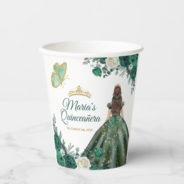 Emerald Green Dresses Quinceañera Crown Birthday Paper Cups (Front)