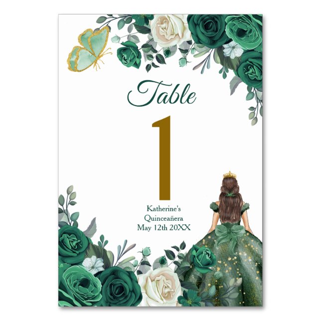 Emerald Green Dresses Quinceañera Crown Birthday Table Number (Front)