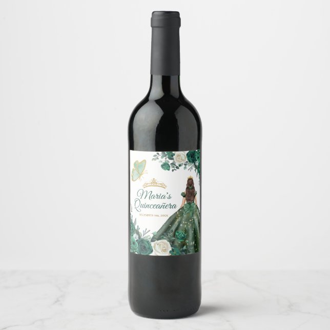 Emerald Green Dresses Quinceañera Crown Birthday Wine Label (Front)