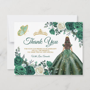 Emerald Green Dresses Quinceañera Gold Crown Thank You Card