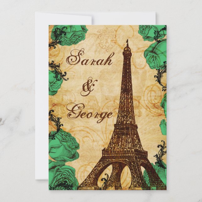 emerald green eiffel tower Paris wedding invite (Front)