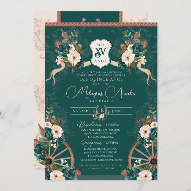 Emerald Green Elegant Baroque Charro Quinceanera Invitation (Front/Back)
