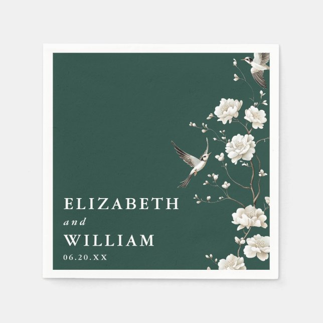 Emerald Green Elegant Chinoiserie Floral Wedding Napkin (Front)