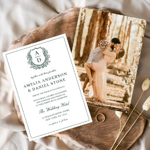Emerald Green Elegant Crest Monogram Wedding Invitation