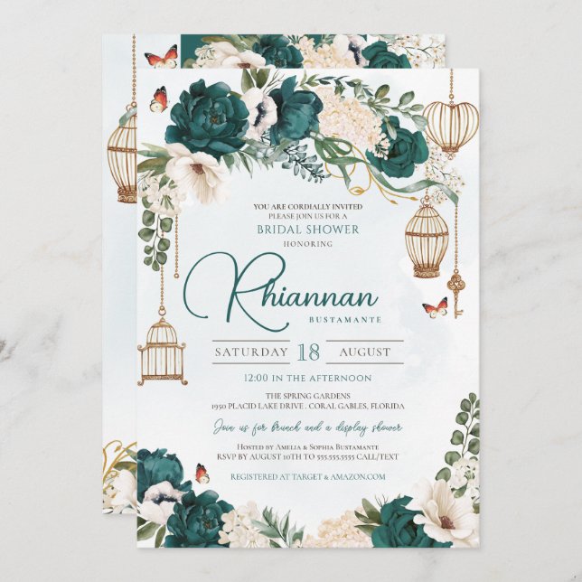 Emerald Green Elegant Floral Garden Bridal Shower Invitation (Front/Back)