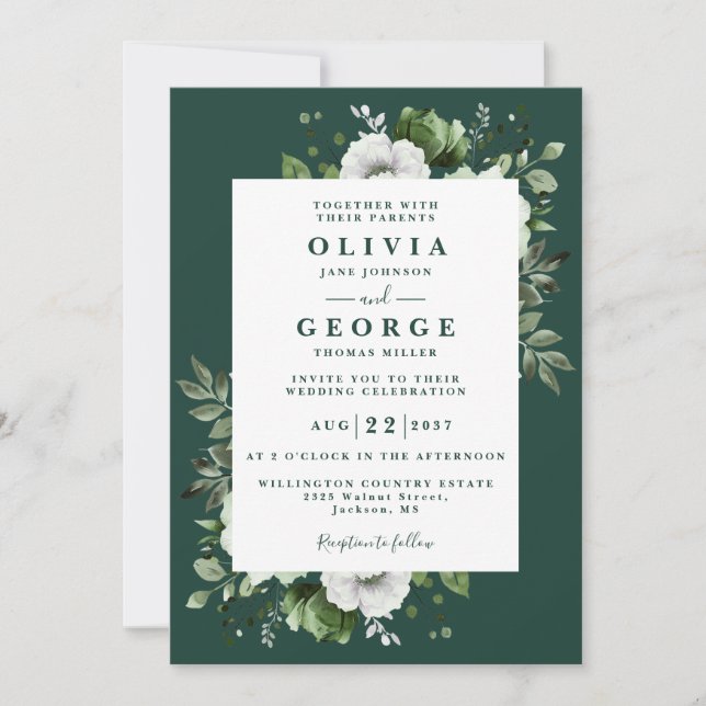 Emerald Green Elegant Floral QR Code Wedding Invitation (Front)