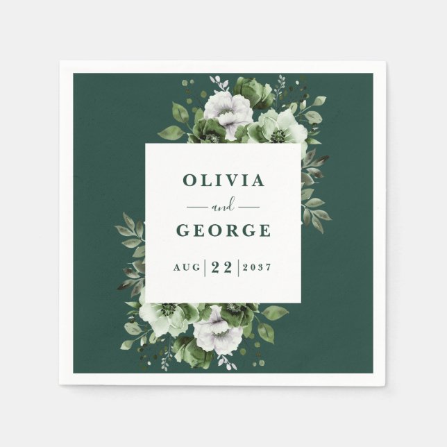 Emerald Green Elegant Floral Wedding Napkin (Front)