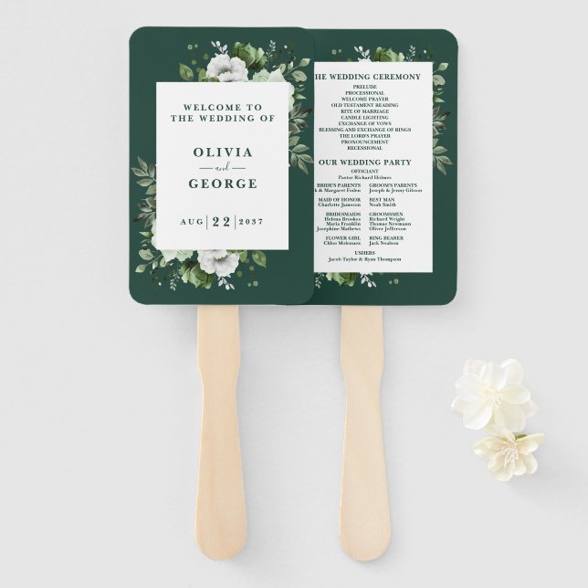 Emerald Green Elegant Floral Wedding Program Hand Fan (Front and Back)