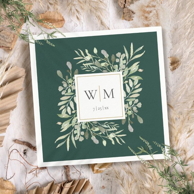 Emerald Green Elegant Greenery Monogram Napkin (Emerald Green Elegant Greenery Monogram Napkins)