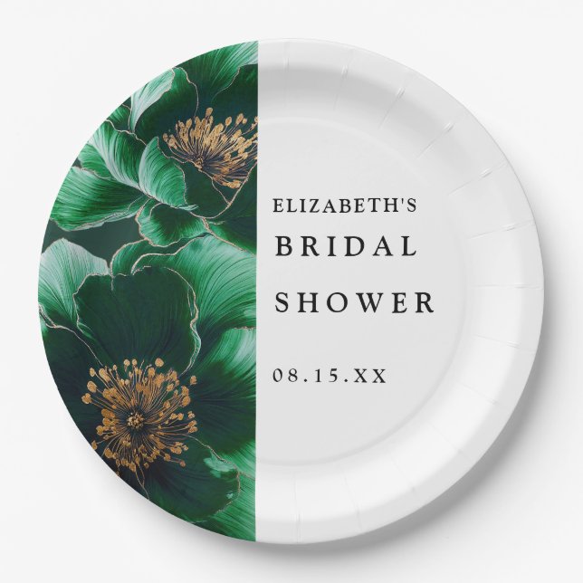 Emerald Green Elegant Modern Floral Bridal Shower Paper Plate (Front)
