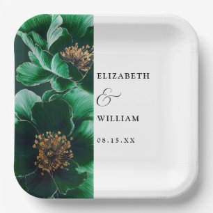 Emerald Green Elegant Modern Floral Wedding Paper Plate