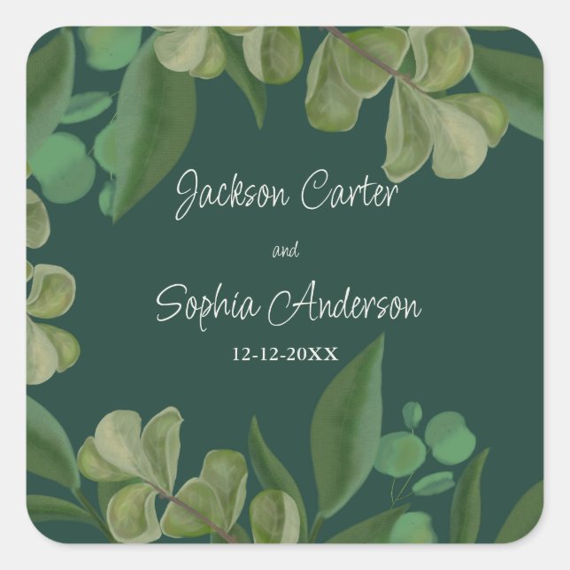 Emerald green Elegant rustic greenery leaves lush Square Sticker (Front)