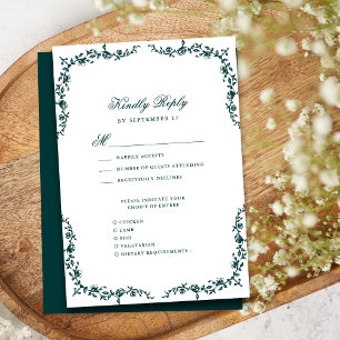 Emerald Green Elegant Vintage Floral Wedding RSVP Card