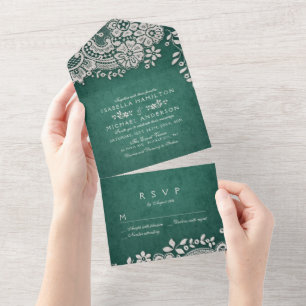Emerald green elegant vintage lace wedding all in one invitation