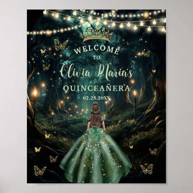 Emerald Green Enchanted Forest Quinceañera Welcome Poster (Front)
