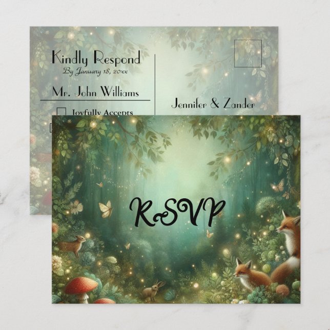 Emerald Green Enchanted Forest Wedding RSVP Invitation Postcard (Front/Back)
