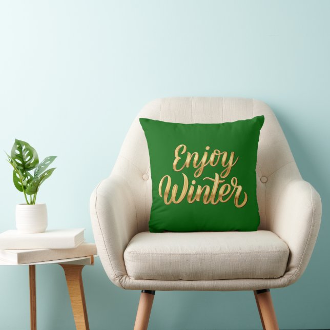 Emerald Green Enjoy Winter - Gold Script Decor Cushion (Chair)