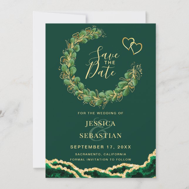 Emerald Green Eucalyptus Agate Photo Elegant Save The Date (Front)