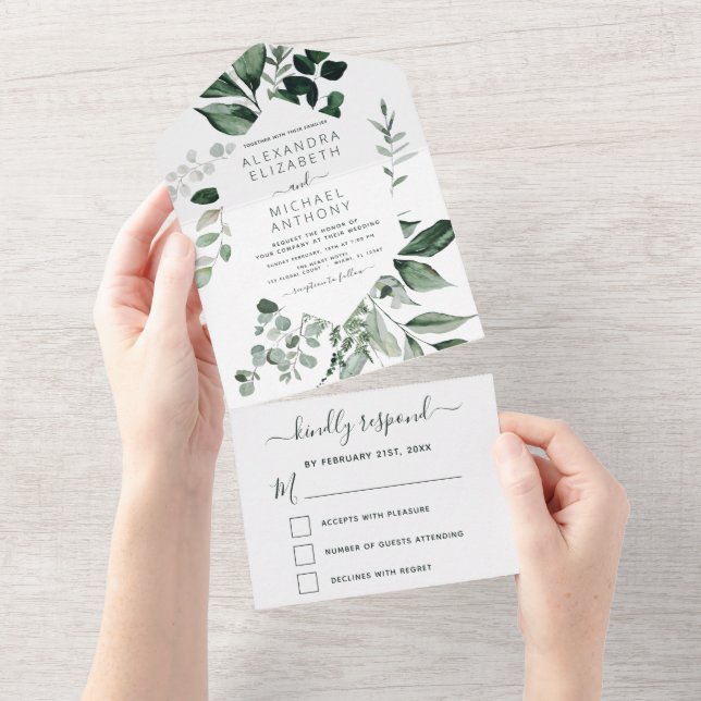 Emerald Green Eucalyptus Greenery Wedding All In One Invitation (Tearaway)