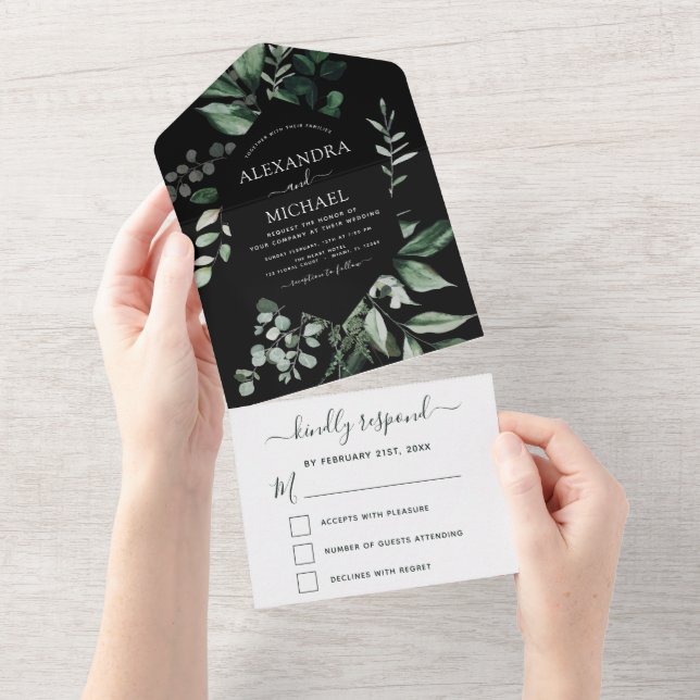 Emerald Green Eucalyptus Greenery Wedding RSVP All In One Invitation (Tearaway)