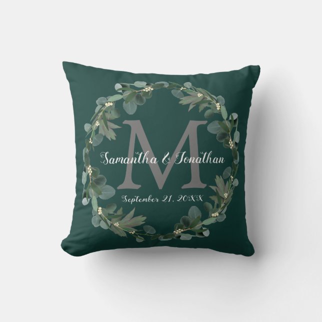 Emerald Green Eucalyptus Monogram Wedding Keepsake Cushion (Front)