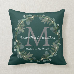 Emerald Green Eucalyptus Monogram Wedding Keepsake Cushion